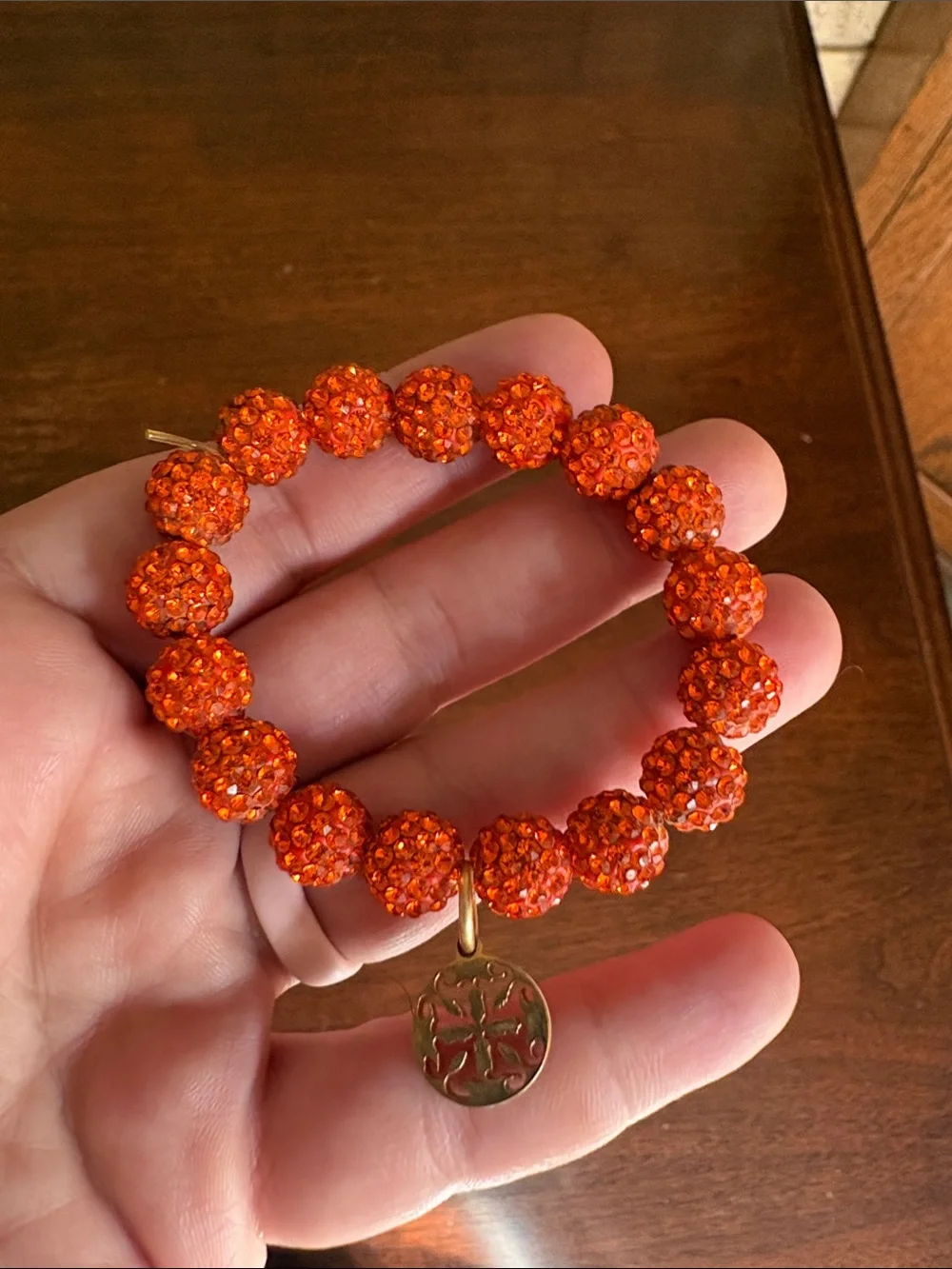 Rustic Cuff kids Orange Crystal Bead Stretch Bracelet with Gold RC Charm